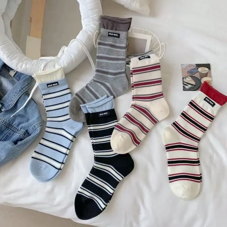 【粉丝专属】亲子款双罗口新款条纹字母袜miu系潮流中筒堆堆袜