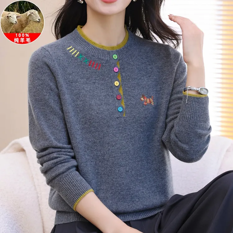 洋气妈妈100%纯羊毛衫女圆领毛衣秋冬新款宽松时尚减龄打底衫上衣