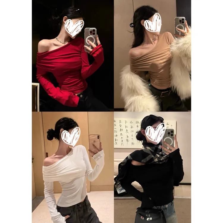梦优莱新款潮牌时尚斜肩褶皱长袖T恤女秋冬季新款显瘦内搭打底衫