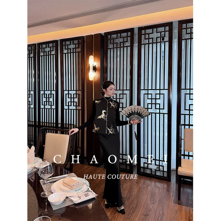 冯（CHAOMEI【云间鹤】中国风女装国潮风高端女装上衣马甲缎面半裙