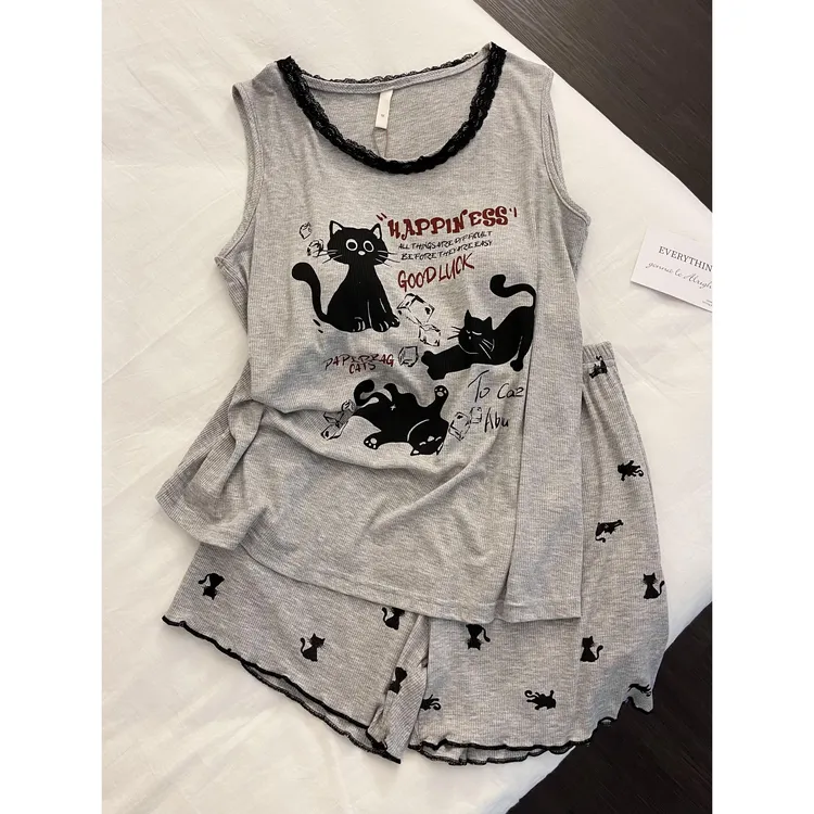 可爱甜酷风小猫背心短裤带胸垫睡衣女夏季印花短裤套装居家服外穿