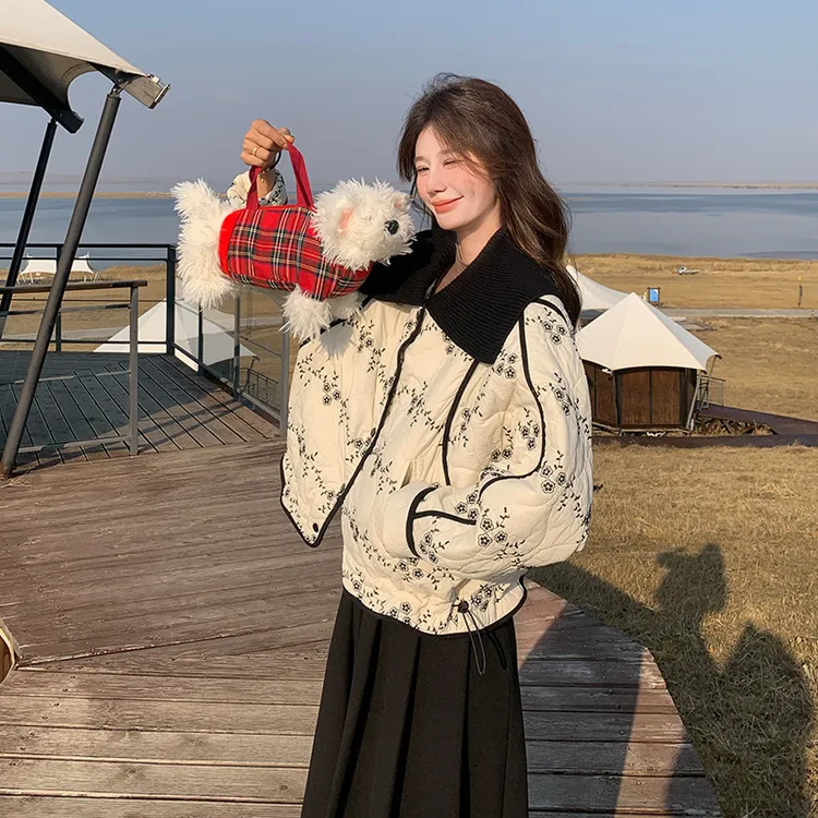 复古撞色海军领刺绣碎花棉服外套女2025冬季新款小个子超好看棉袄