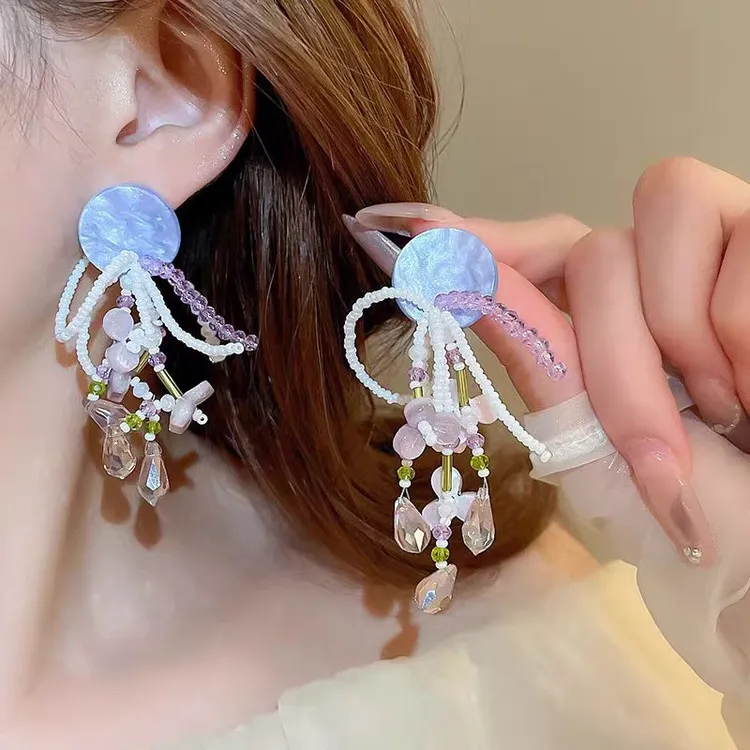 非金属亚克力耳饰 紫色梦境水母耳钉贝壳串珠耳环女高级感气质潮