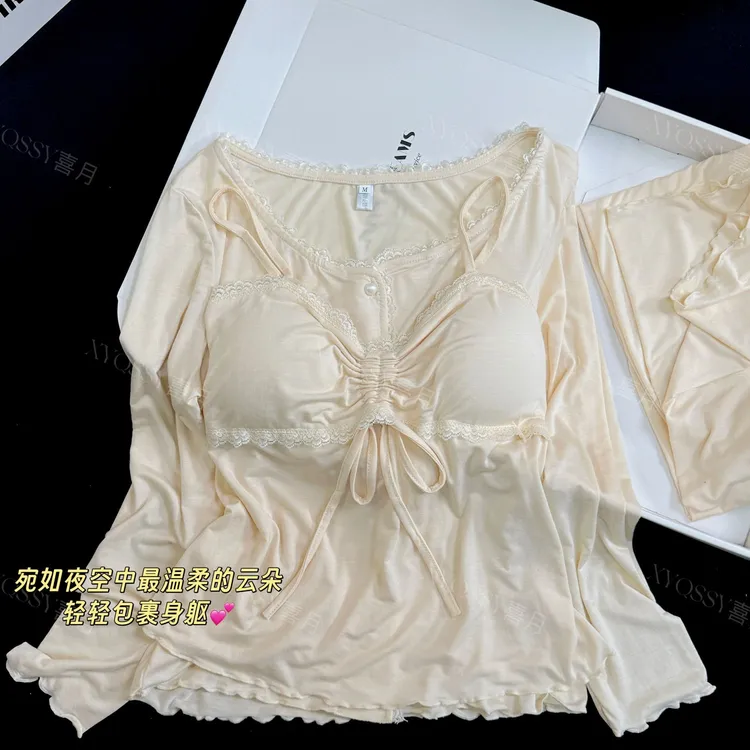 芝芝芒睡衣女春秋长袖甜美可爱性感夏季吊带代尔棉三件套家居服