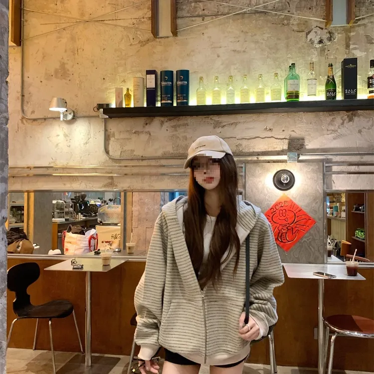 美式复古韩系连帽卫衣外套男秋冬慵懒风宽松大码条纹撞色开衫百搭