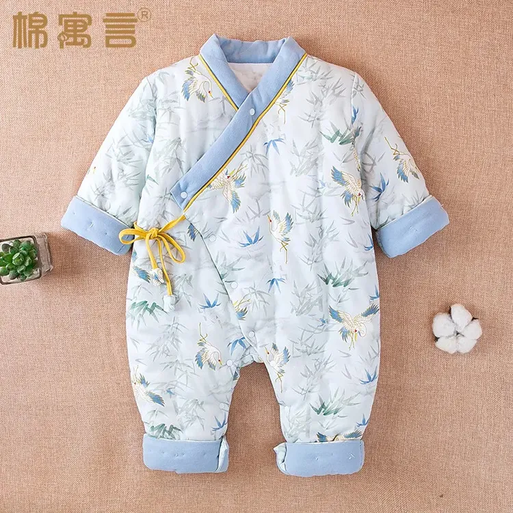 秋冬款和尚服纯手工棉花宝宝夹棉加厚婴儿百天国风爬服保暖连体衣