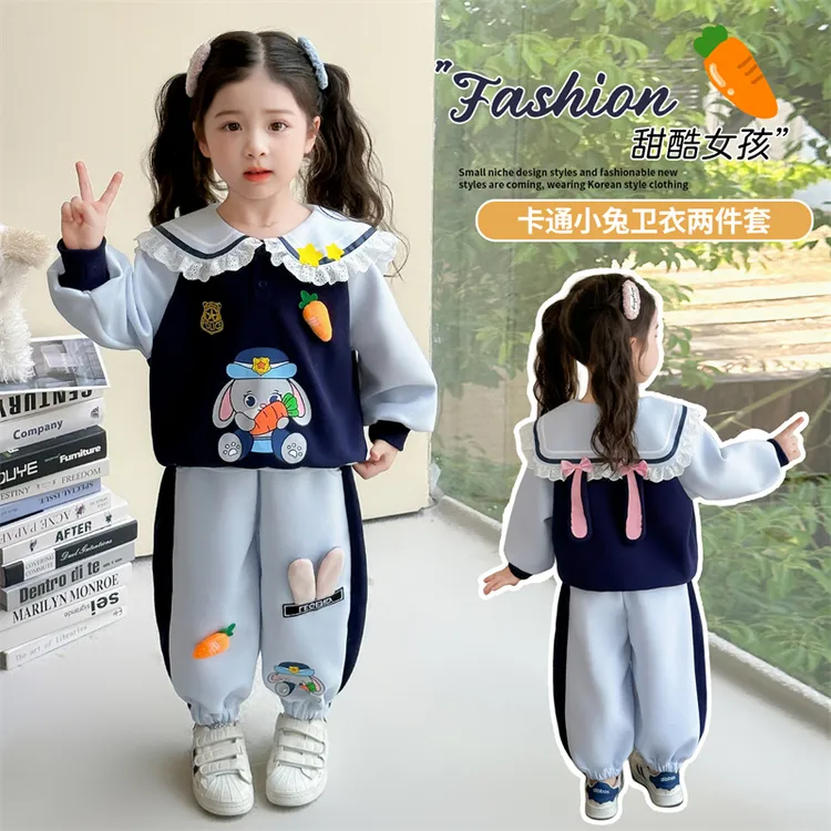 现货2025新款卡通风女宝韩版秋季女女童套装休闲风套头春秋卡通