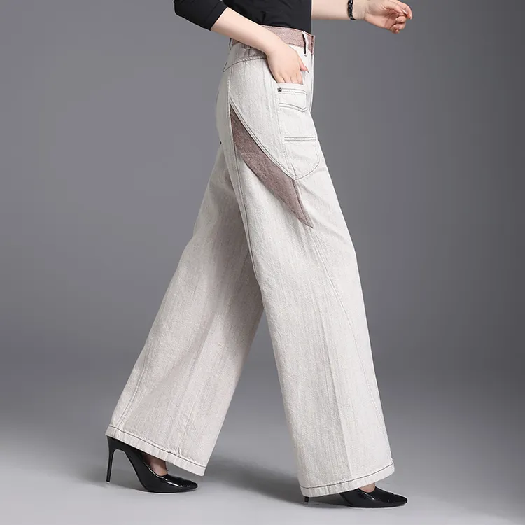 春秋新款浅色石白灰高腰阔腿牛仔裤女时尚拼接百搭宽松显瘦阔脚裤
