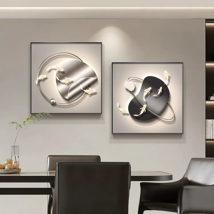 九鱼图客厅装饰画石来运转沙发背景墙画挂画石来运转高级轻奢壁画