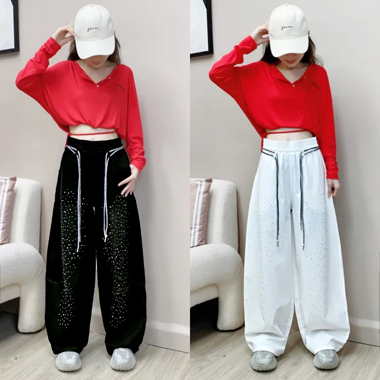 秋冬【闪钻裤】新款潮牌弯刀牛仔棉阔腿裤烫钻广场舞曳步舞跳舞裤子