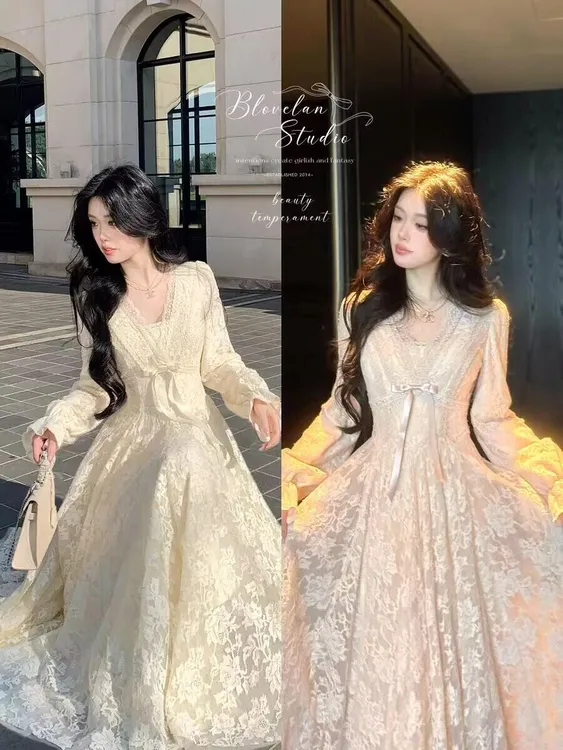 【迷迭花园】大码法式纯欲v领蕾丝收腰千金风时尚显瘦连衣裙9053