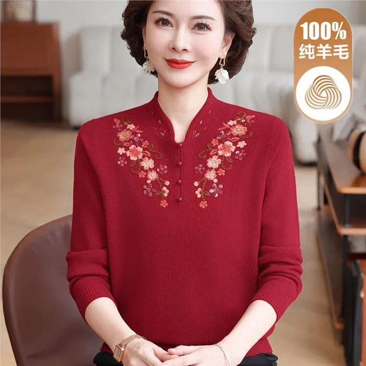 中老年秋冬100%纯羊毛衫中式女装本命年红色洋气毛衣妈妈装打底衫