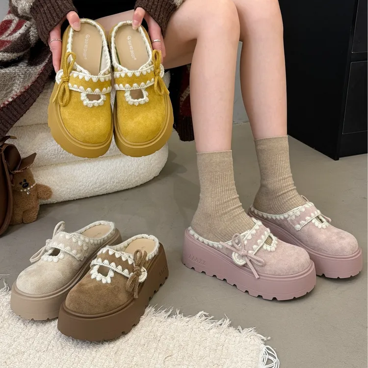 贾不假勃肯鞋2026新款女春季圆头复古风巨好看厚底增高包头半拖鞋