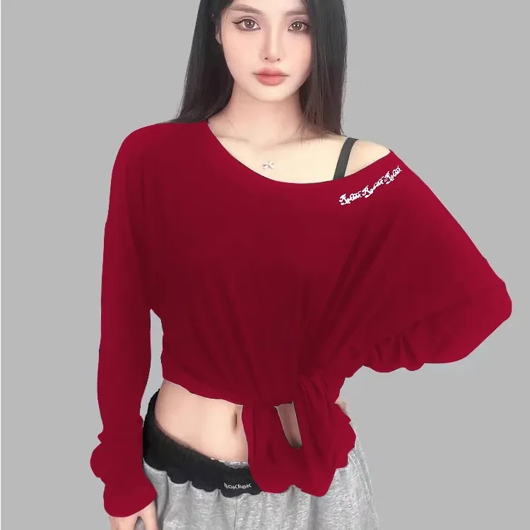 爵士舞长袖T恤女街舞美式jazz运动服辣妹跳舞酒红色斜肩开叉上衣