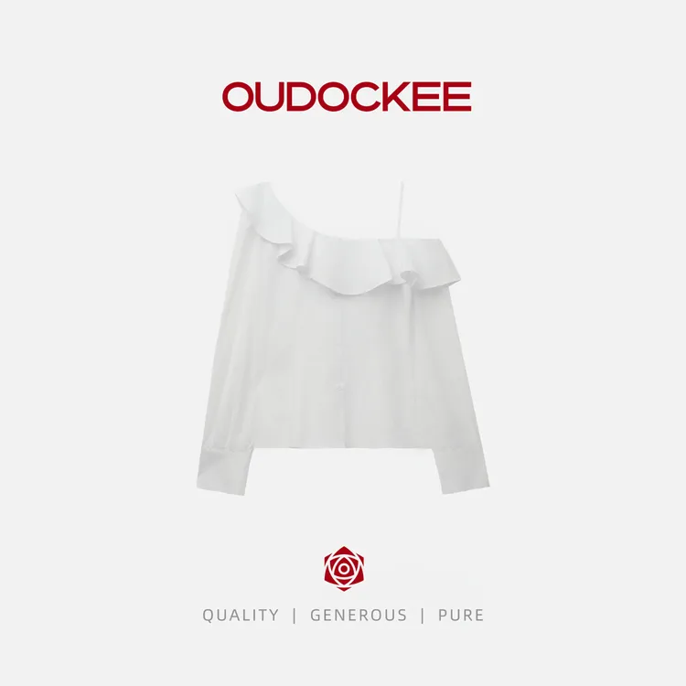 OUDOCKEE 鸥鸥【100棉】白茶 纯棉荷叶边斜肩吊带长袖 S2503X563T