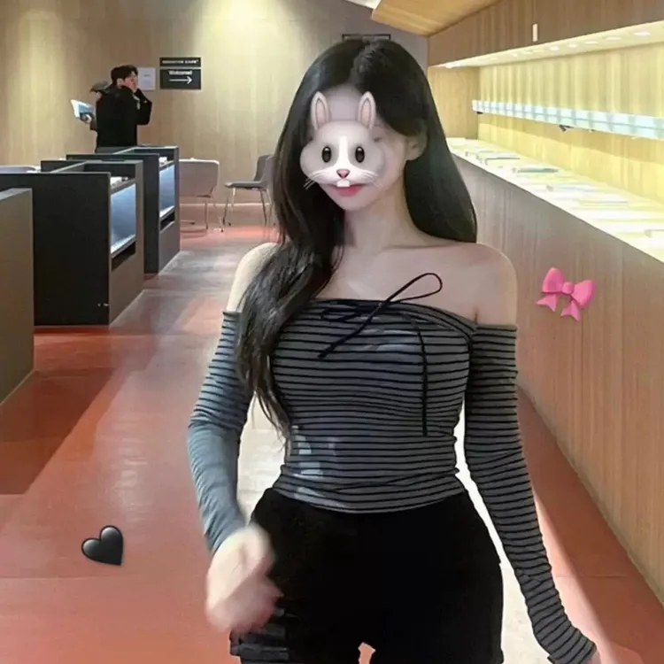 韩国风纯欲辣妹性感显气质女人味露肩系带条纹长袖T恤短款上衣