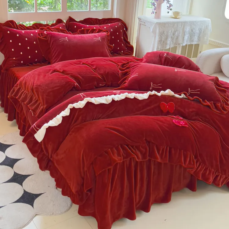 秋冬结婚婚庆红色牛奶绒床单床裙四件套家用单双人加绒结婚四件套