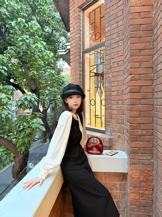 【芝士Cheese】里斯本记事 时尚气质拼接假两件长袖+显瘦半裙两件套