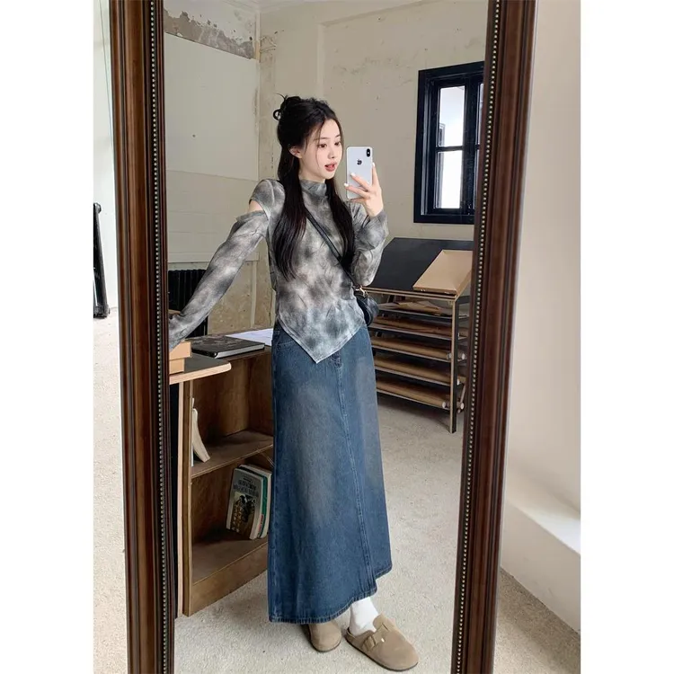 大码长袖T恤女2025新款秋季收腰显瘦不规则上衣胖MM薄款镂空套装