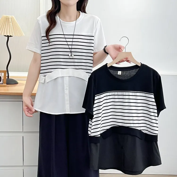 现货200斤胖妹妹新款夏季设计感条纹拼接短袖上衣大码女休闲上衣7