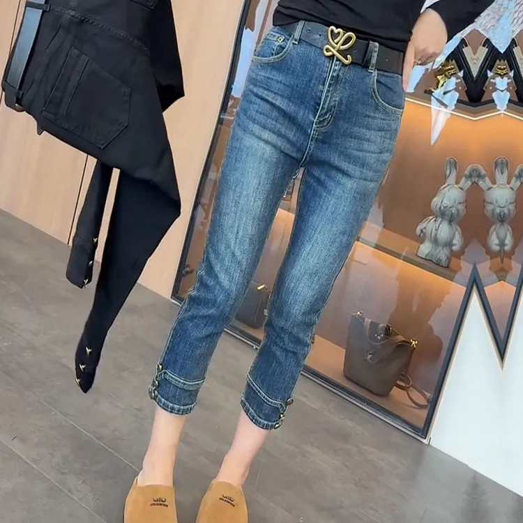 2025秋季新款百搭高腰弹力牛仔裤女窄版烟管裤时尚显瘦八分直筒裤