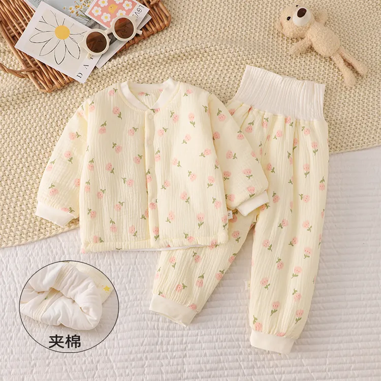 纯棉纱布夹棉加厚套装男女宝宝儿童春秋女童高腰婴儿新生儿秋冬季