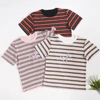 夏季新品！女士圆领撞色小马刺绣条纹短袖T恤上衣F860