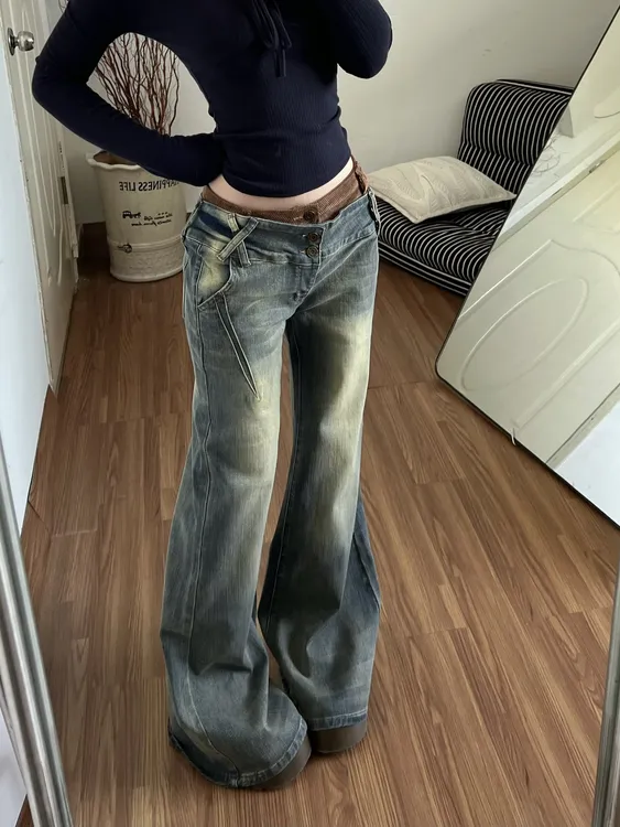 美式复古蓝色水洗拼接微喇叭牛仔裤女设计感直筒修身显瘦阔腿长裤