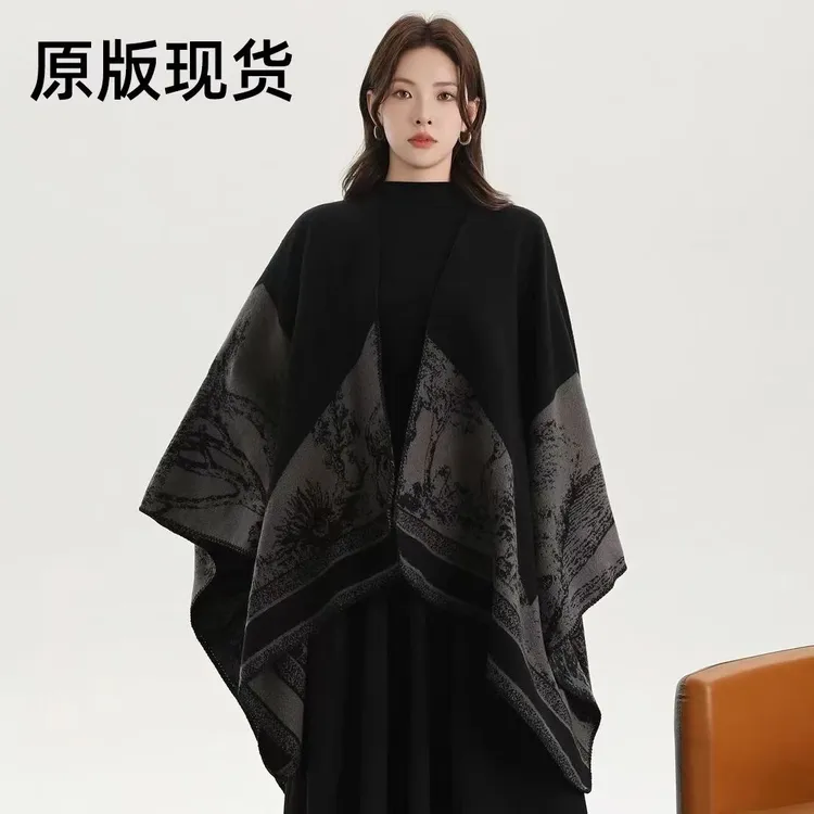 银杏叶披肩秋冬季保暖围巾暗黑开叉斗篷旅游名族风外搭加厚披风女