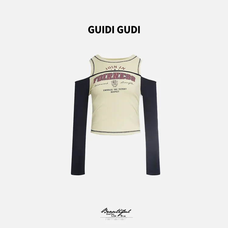 GUIDI GUDI【拥抱胜利】 性感露肩字母长袖T恤/黄加蓝
