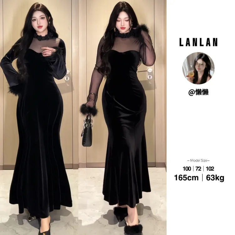 Lanlan-【黑调乐符】法式高级感网纱拼接连衣裙黑色长裙赫本风裙子