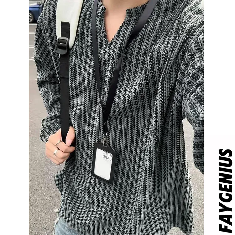 美式高街鱼骨纹重磅V领长袖T恤男秋季潮牌慵懒风宽松内搭打底衫