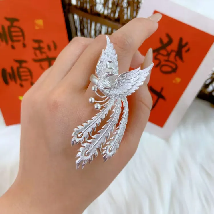足银戒指 足银999凤凰戒指手工时尚银色中古银制品素款复古纯银