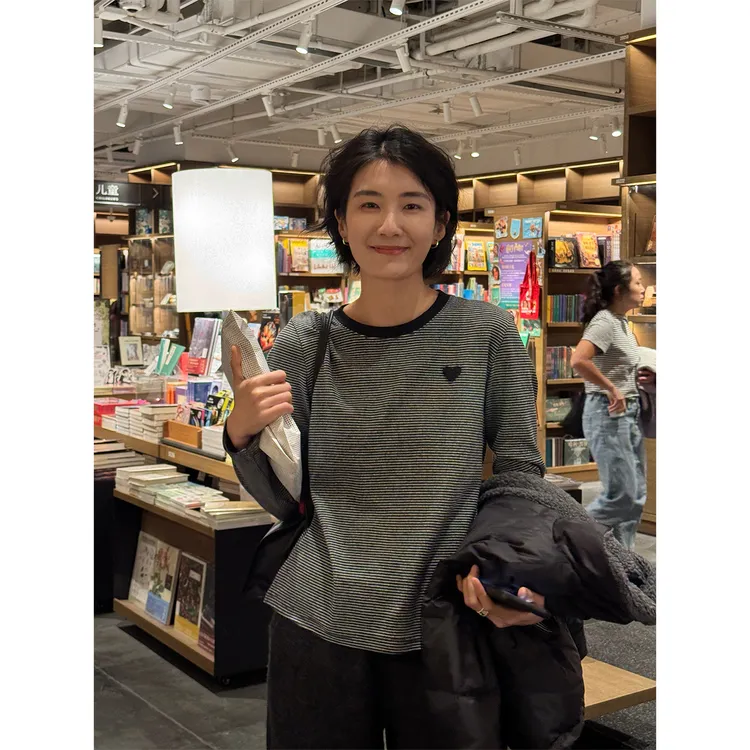 LANGQING 爱心时尚条纹圆领休闲长袖打底T恤46506#