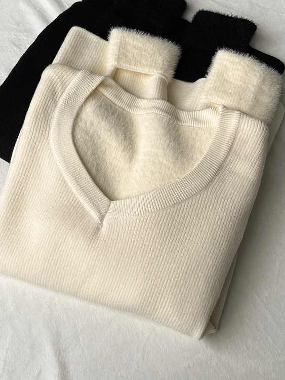 针织衫V领内搭打底女2025秋冬修身毛衣长袖一体加绒加厚保暖上衣