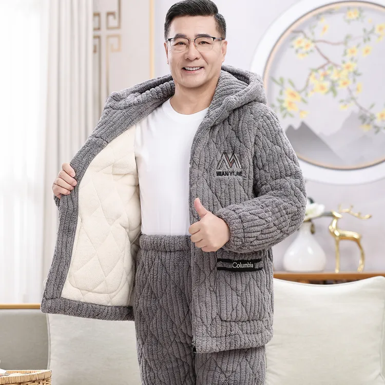 中老年睡衣男士冬季加绒加厚三层夹棉袄保暖爸爸珊瑚绒家居服套装