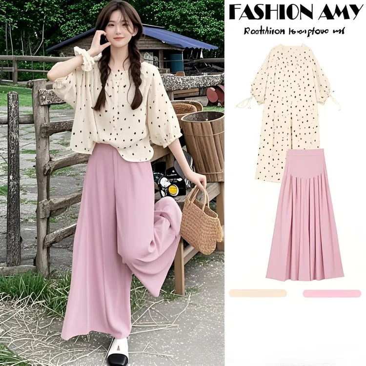 孕妇套装夏装新款时尚韩版彩色波点衬衫上衣休闲托腹阔腿山本裤裙
