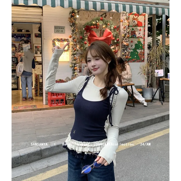 【三三】（少女于诗 ）设计感假两件花边背心打底长袖女秋冬内搭上