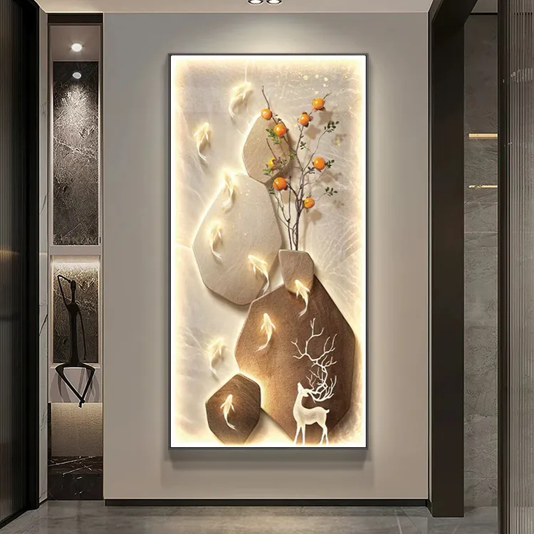 柿柿如意玄关画带灯九鱼图轻奢高档福鹿装饰画走廊过道镶钻壁灯画