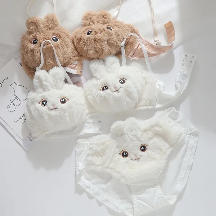 新款秋冬内衣女小胸聚拢少女毛绒绒无钢圈可爱刺绣小兔子文胸套装