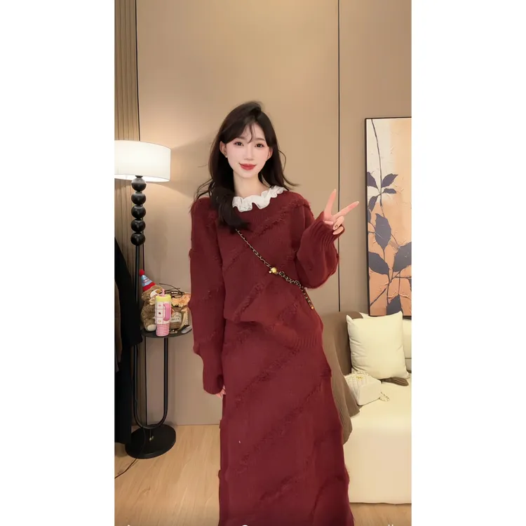 针织套装女2025新款秋冬慵懒风穿搭套装上衣短裙两件套毛衣#0001