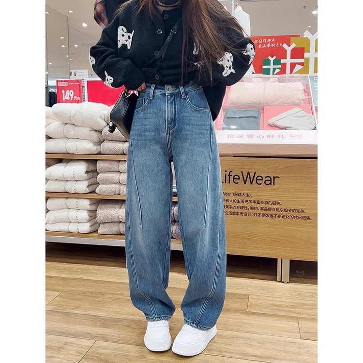 2025春季款大码女装高腰弯刀阔腿牛仔裤梨形身材显瘦百搭直筒长裤