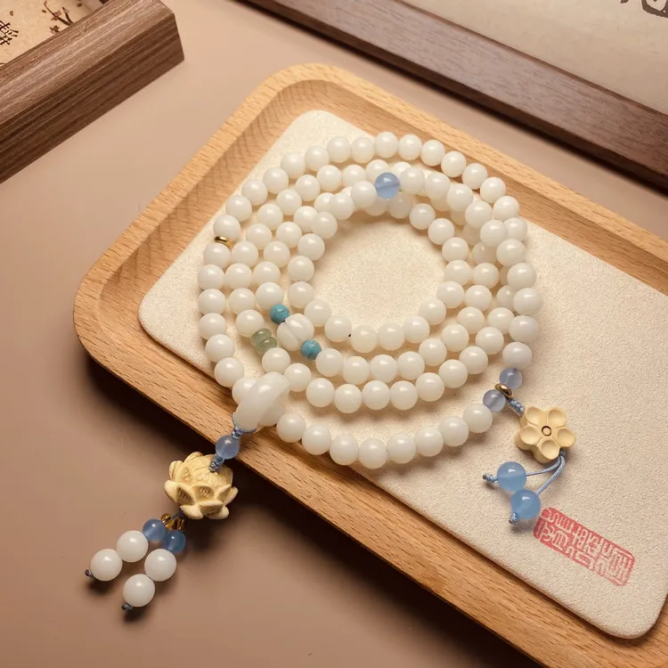 白玉菩提根多圈手串108颗佛珠莲花菩提子手链文玩念珠男女款项链