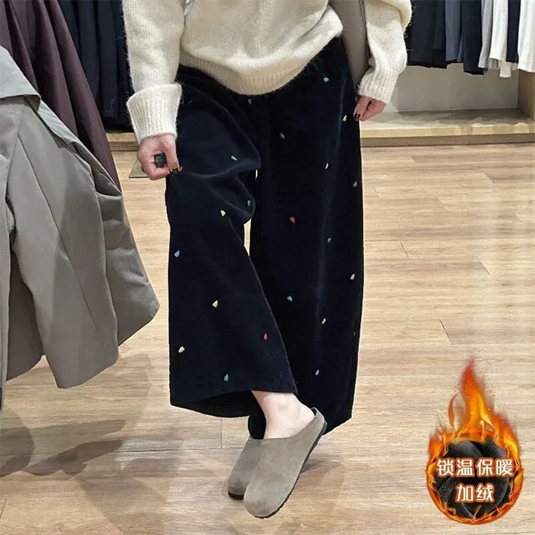 大码灯芯绒孕妇阔腿裤加绒外穿宽松显瘦小个子大码爱心刺绣九分