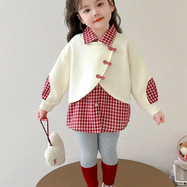 儿童衣服童装女童洋气韩版格子假两件秋装套装2025新款儿男女童韩
