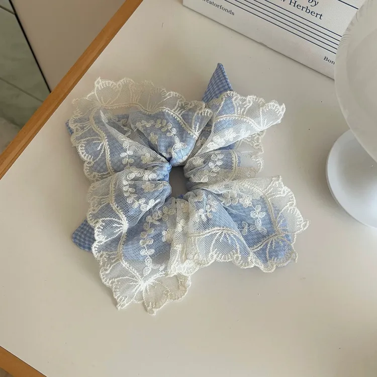 三层蕾丝蓝白格子清新发圈方巾发饰蛮腰发圈