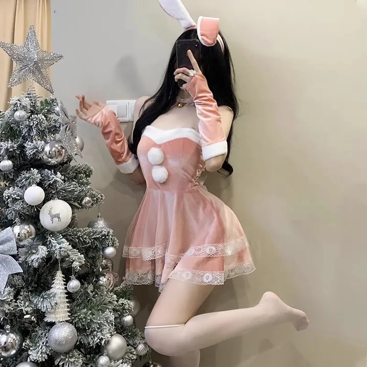 圣诞蕾丝战袍性感辣妹抹胸睡裙网红圣诞兔子装c蕾丝夏蕾丝宫廷风