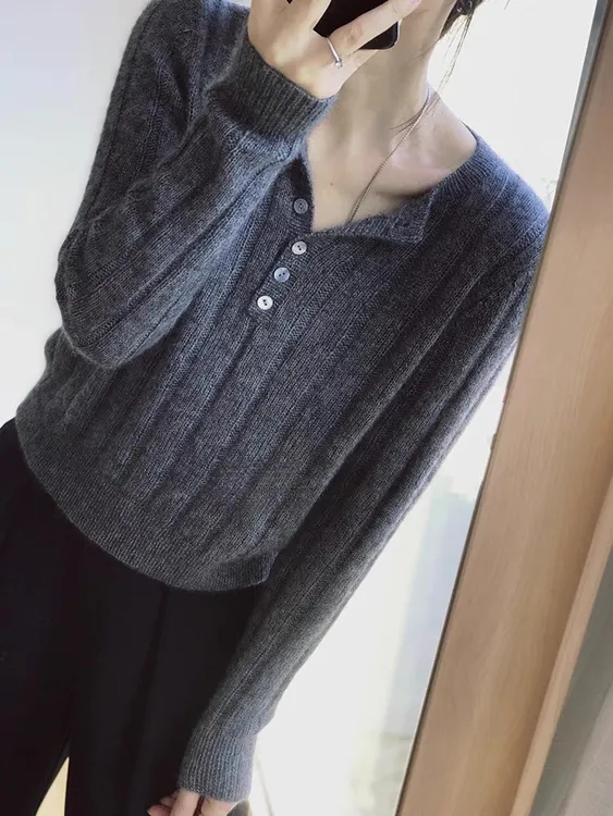 半开领气质短款羊毛衫女秋冬小个子纯羊毛针织毛衣坑条显瘦打底衫