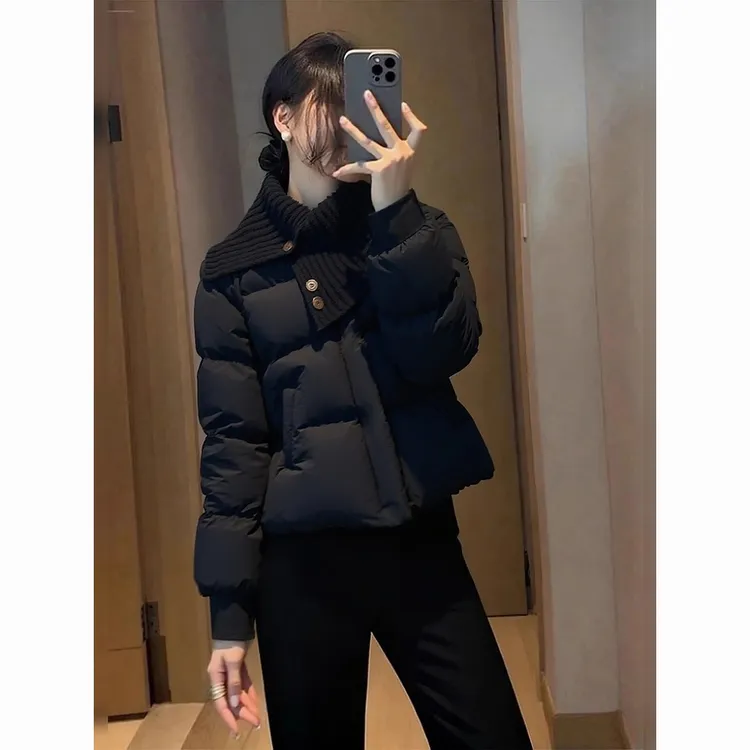 2025新款冬季超火针织大翻领拼接黑色保暖短款夹棉棉服厚时尚外套