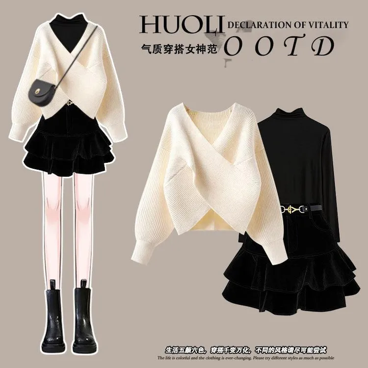 大码女装春季套装2025年新款气质时尚遮肉毛衣冬天手套帽子三件套